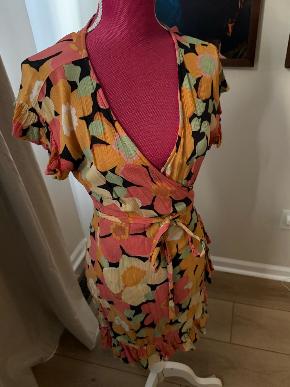 Billabong Floral Wrap Dress in Pink, Yellow, Black & Green